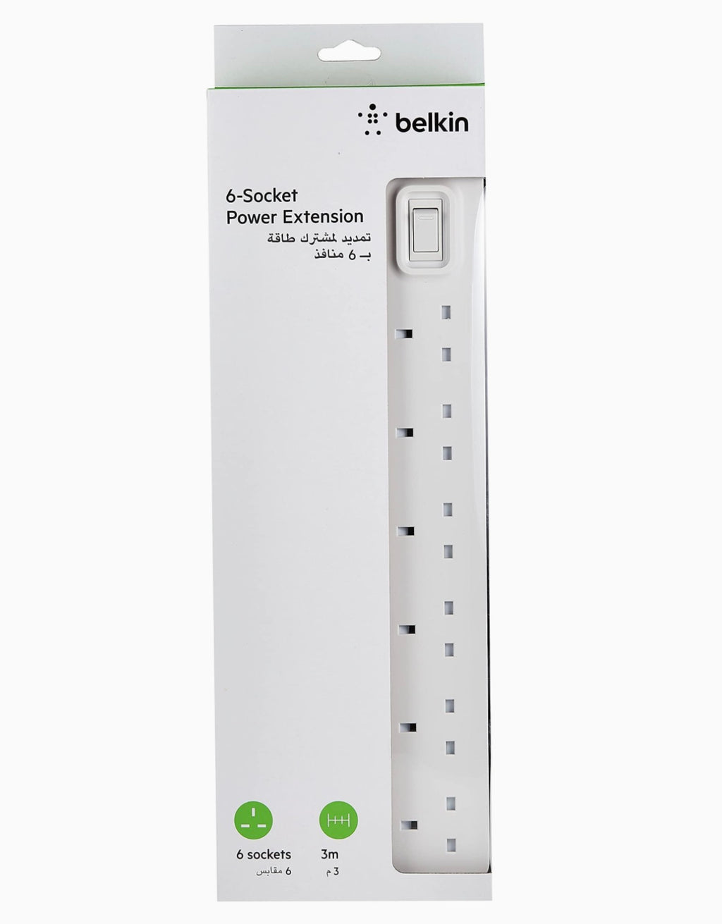 Belkin 6 Way/6 Plug 3m Power Extension Strip with On/Off Switch for Televisions, Gaming Consoles, Home, Office and More - White